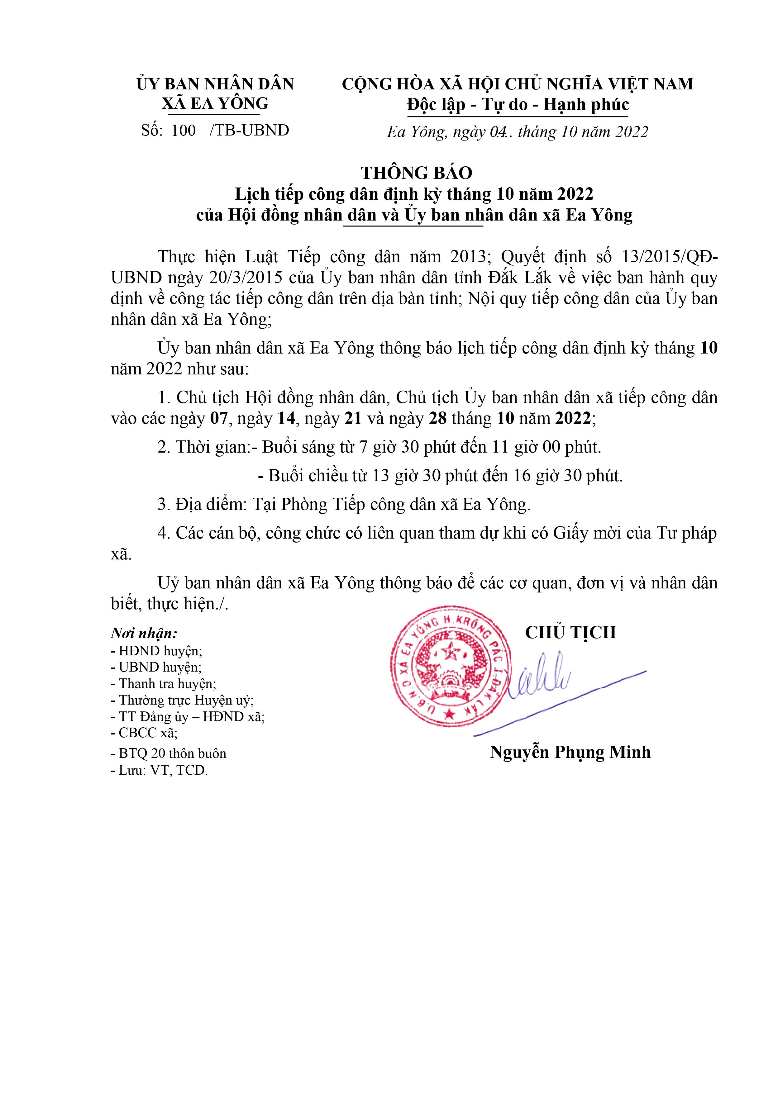  Lịch tiếp công dân định kỳ tháng 10 năm 2022 của Hội đồng nhân dân và Ủy ban nhân dân xã Ea Yông